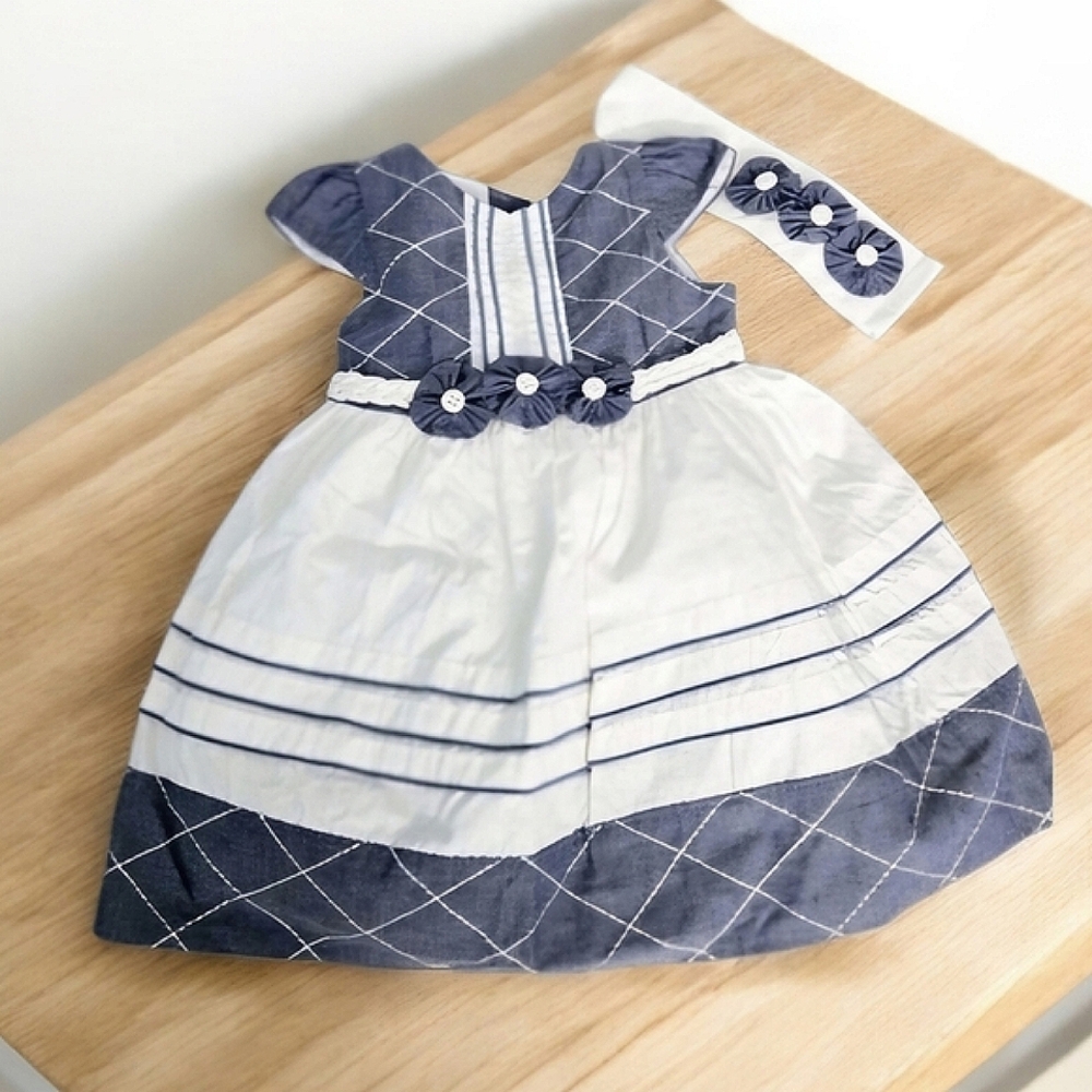 Donita Blue and White Yo Yo Yo Button Suffolk Puffs Dress & Headband